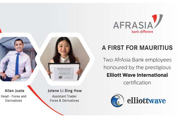 A first for Mauritius – Two AfrAsia Bank employees honoured by the prestigious Elliot Wave International certification